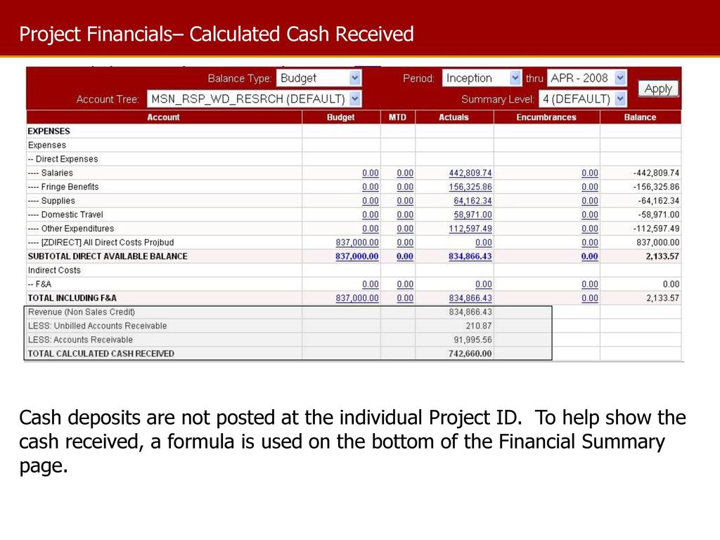 Project Financials– Calculated Cash Received