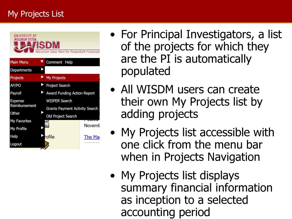 My Projects List For Principal Investigators, a list of the projects for which they are the PI is automatically populated.