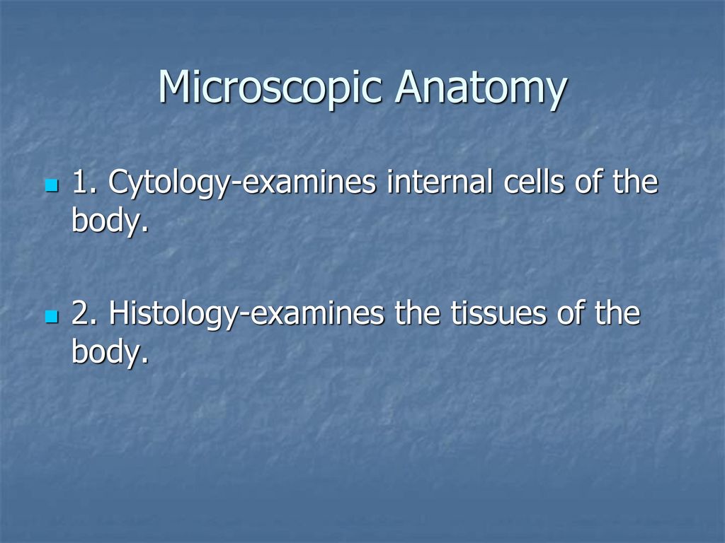 Microscopic Anatomy 1. Cytology-examines internal cells of the body.