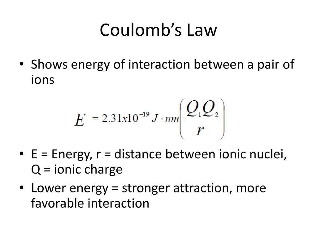 Coulomb’s Law Shows energy of interaction between a pair of ions