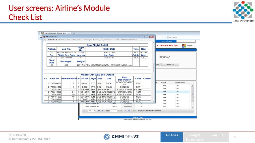 User screens: Airline’s Module Check List