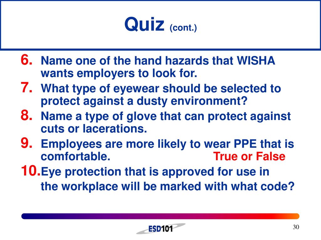 Quiz (cont.) Name one of the hand hazards that WISHA wants employers to look for.