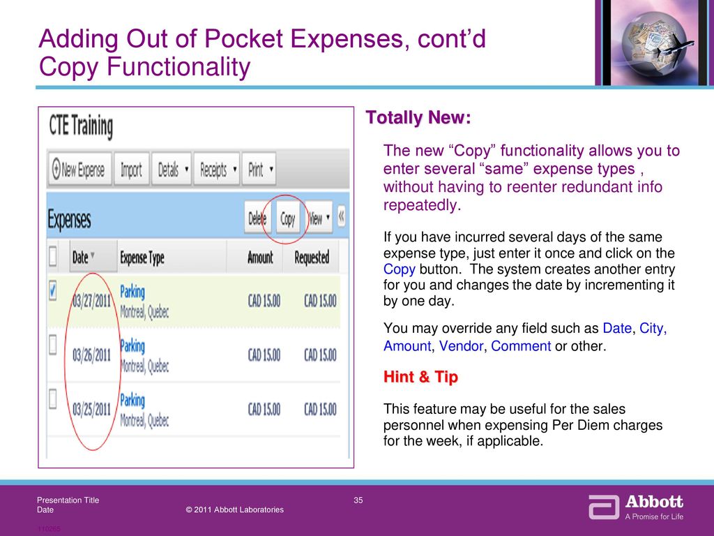 Adding Out of Pocket Expenses, cont’d Copy Functionality