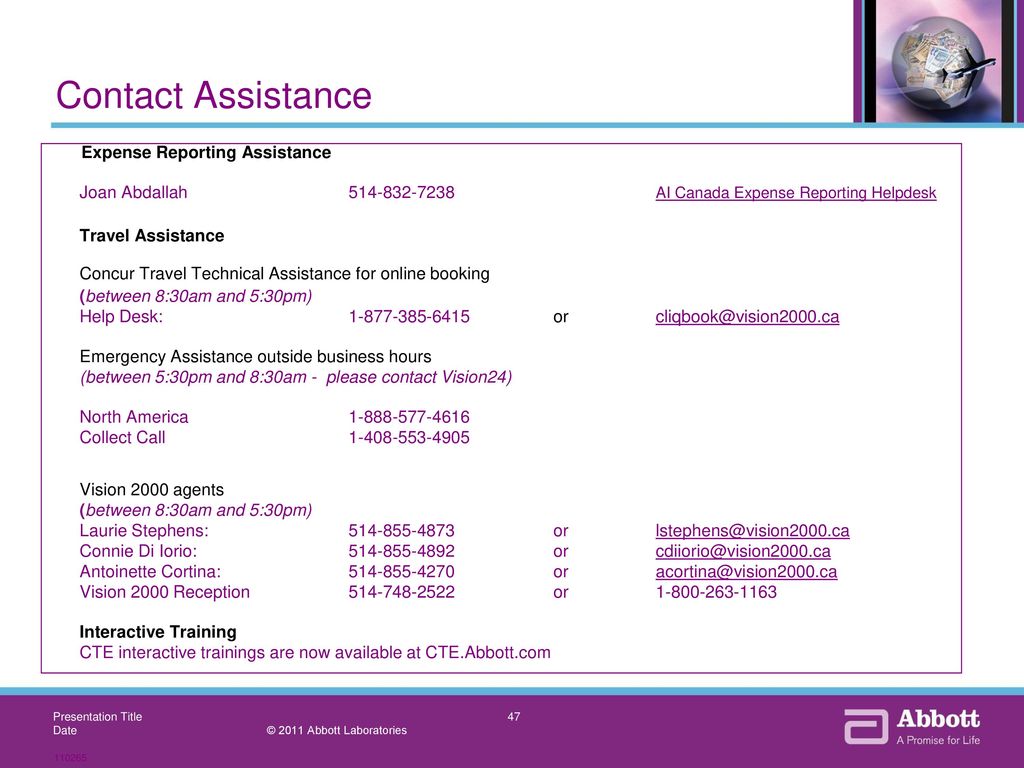 Contact Assistance Expense Reporting Assistance
