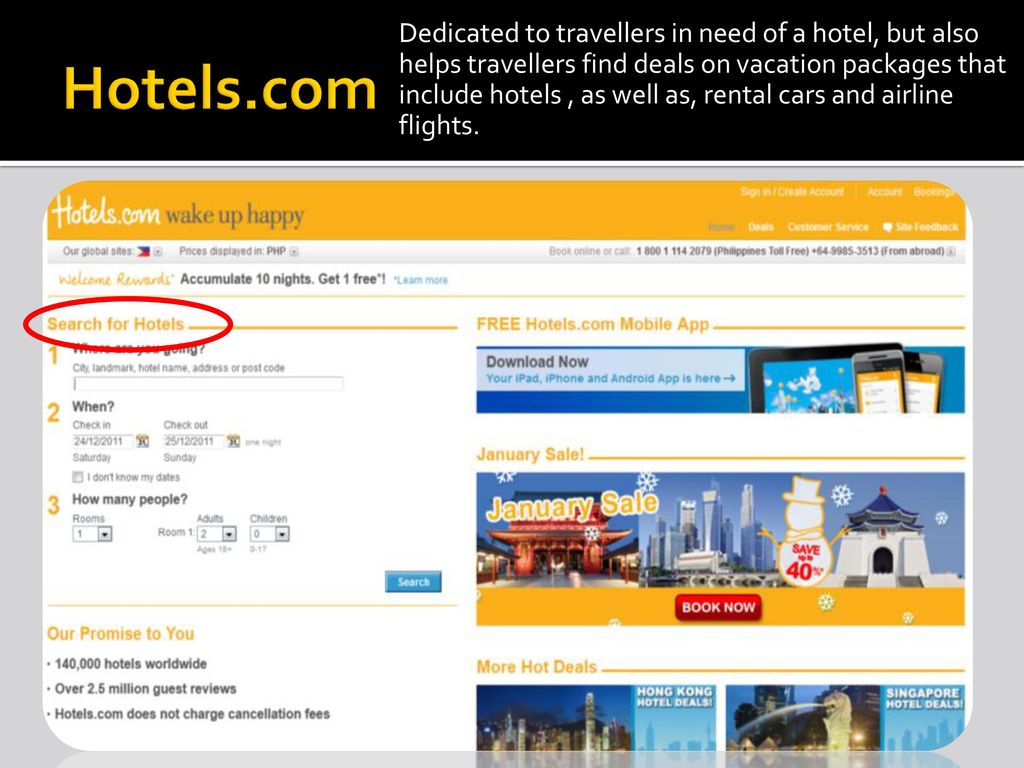Dedicated to travellers in need of a hotel, but also helps travellers find deals on vacation packages that include hotels , as well as, rental cars and airline flights.