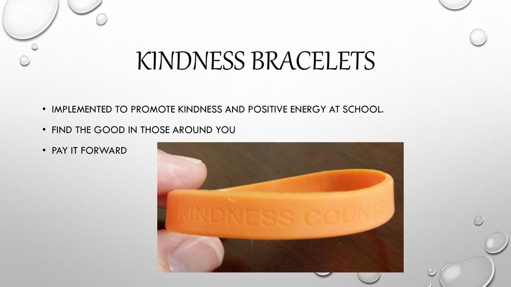 Kindness bracelets Implemented to promote kindness and positive energy at school. Find the good in those around you.