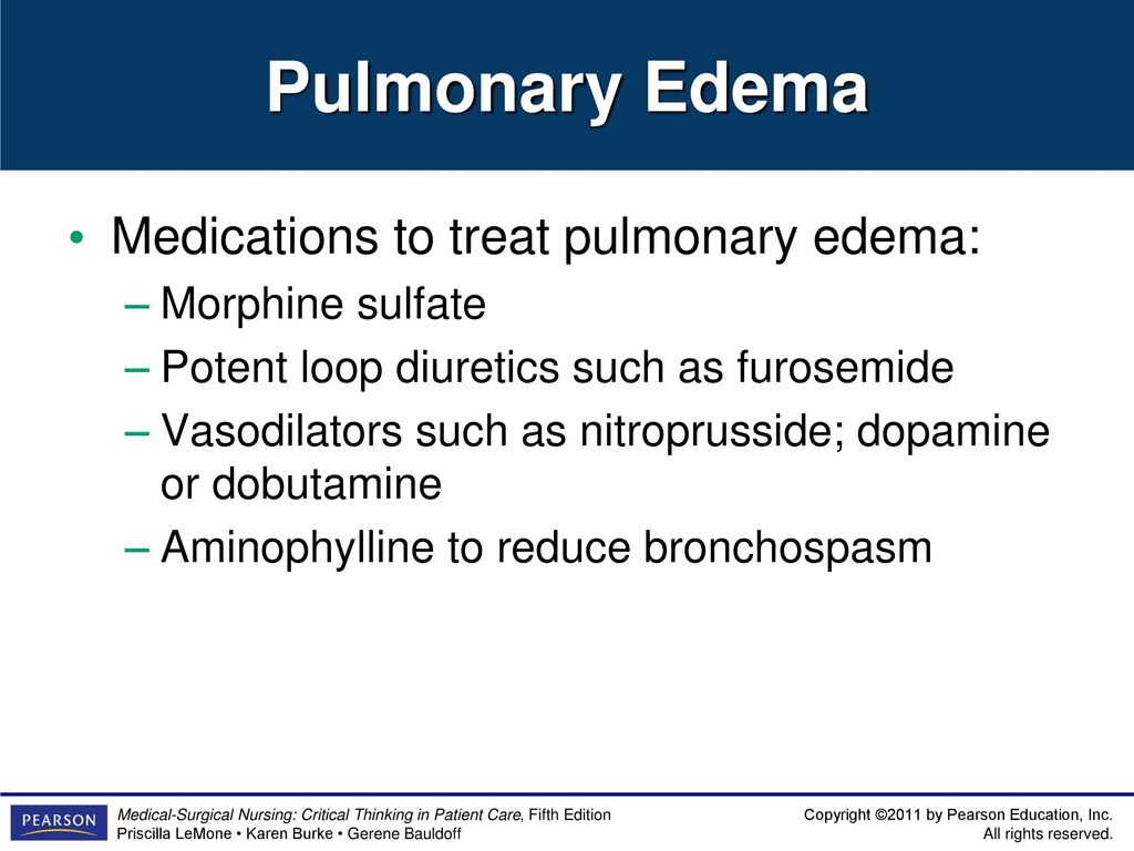Pulmonary Edema Medications to treat pulmonary edema: Morphine sulfate