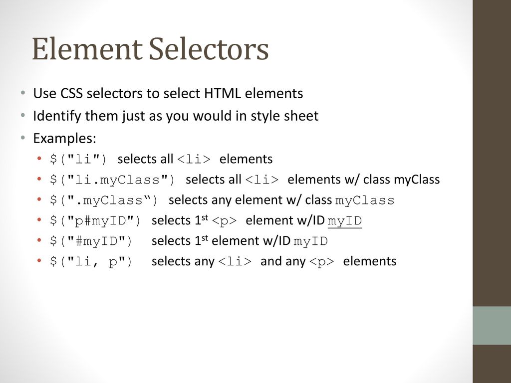 JQuery Element & Attribute Selectors, Events, HTML Manipulation ...
