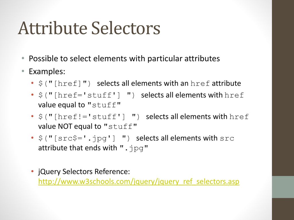 JQuery Element & Attribute Selectors, Events, HTML Manipulation ...