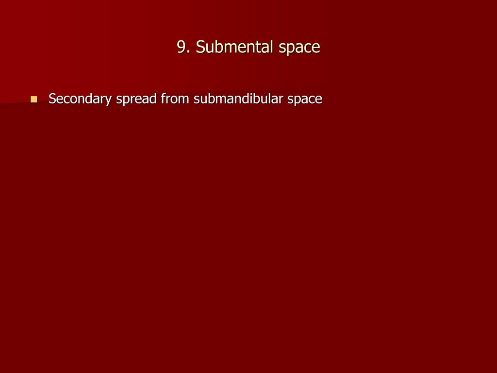 9. Submental space Secondary spread from submandibular space