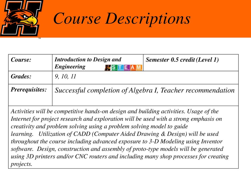 Course Descriptions Course: Introduction to Design and Engineering. Semester 0.5 credit (Level 1)