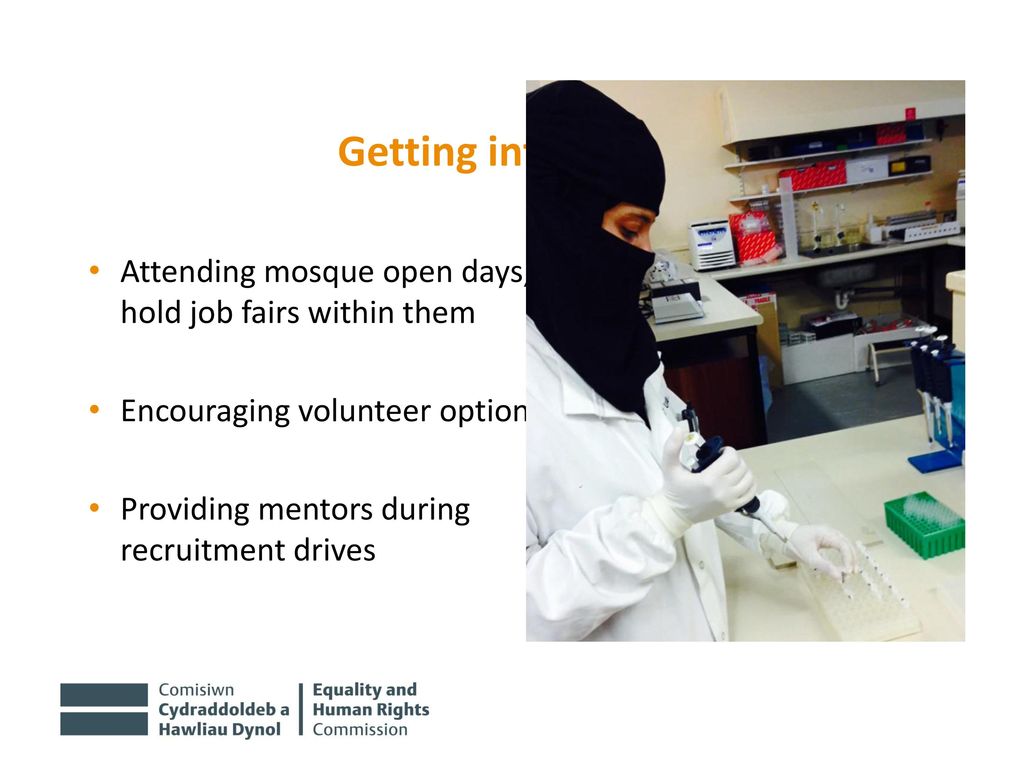 Getting into work Attending mosque open days, hold job fairs within them. Encouraging volunteer options.