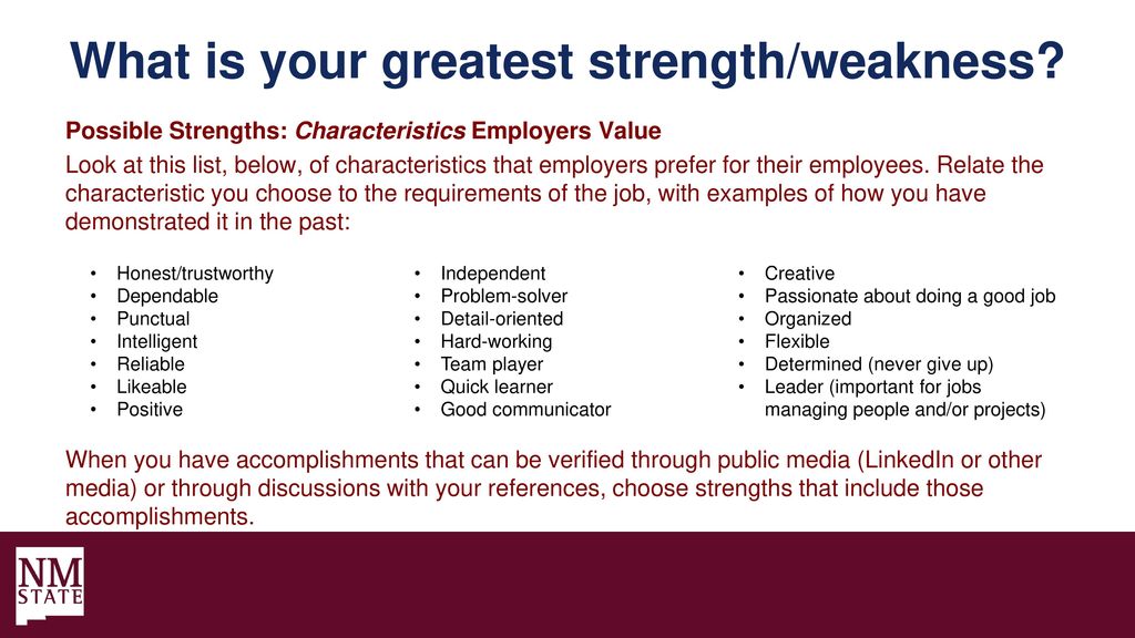 Your examples. What are your strengths and weaknesses. What is your Greatest strength weakness. Weaknesses list. Strengths and weaknesses job Interview.