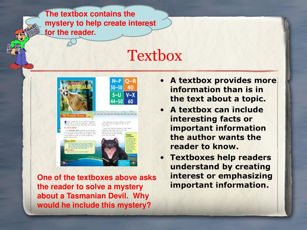 The textbox contains the mystery to help create interest for the reader.