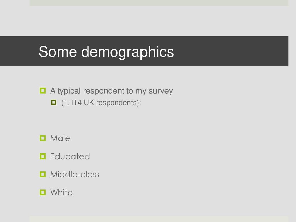 Some demographics A typical respondent to my survey Male Educated