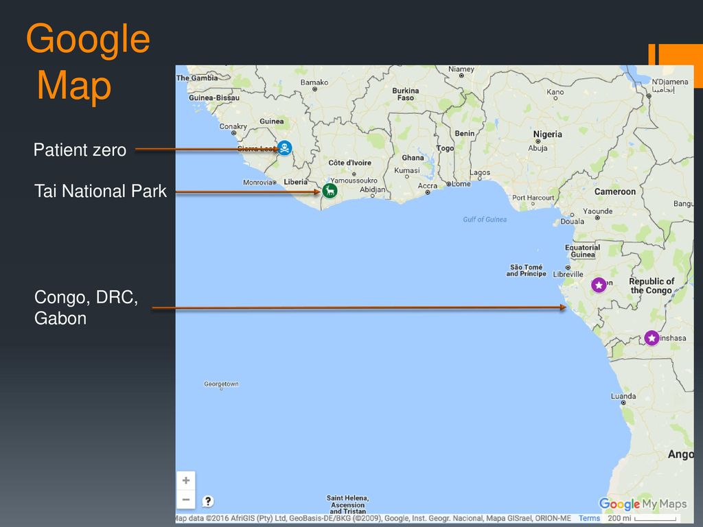 Google Map Patient zero Tai National Park Congo, DRC, Gabon
