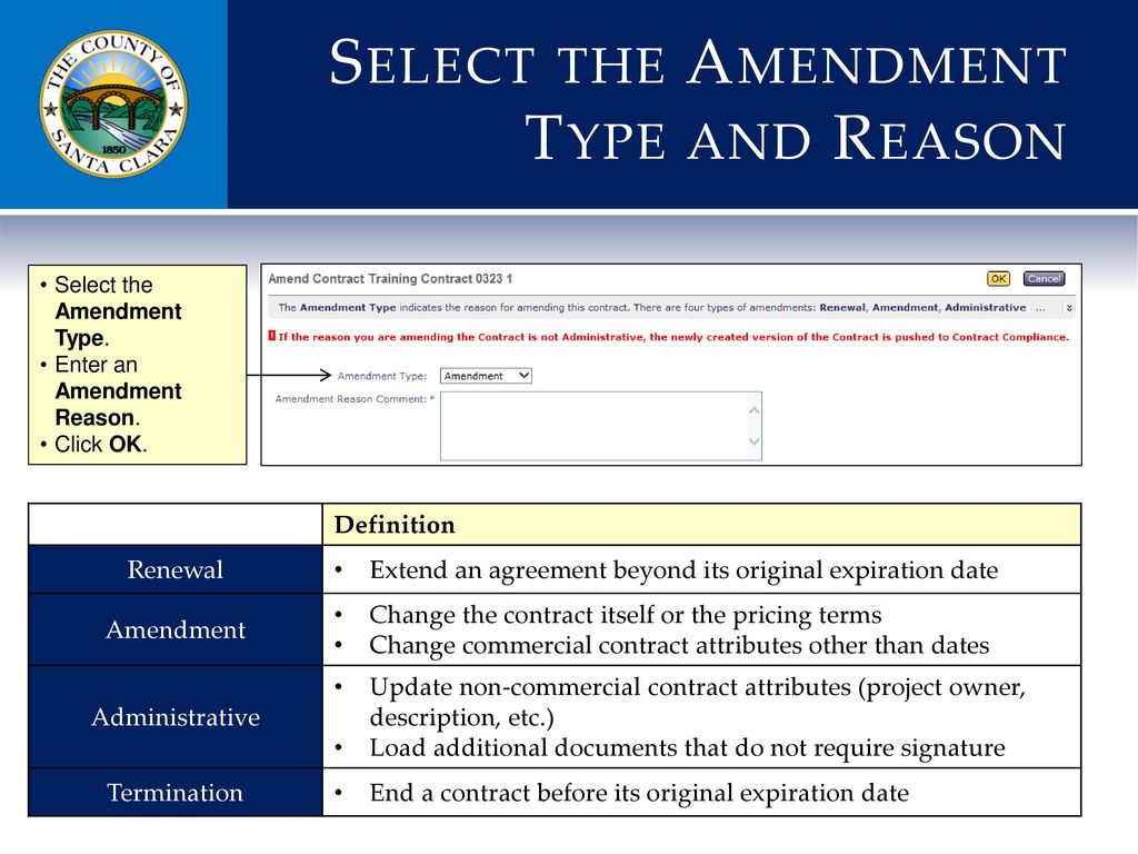 Select the Amendment Type and Reason
