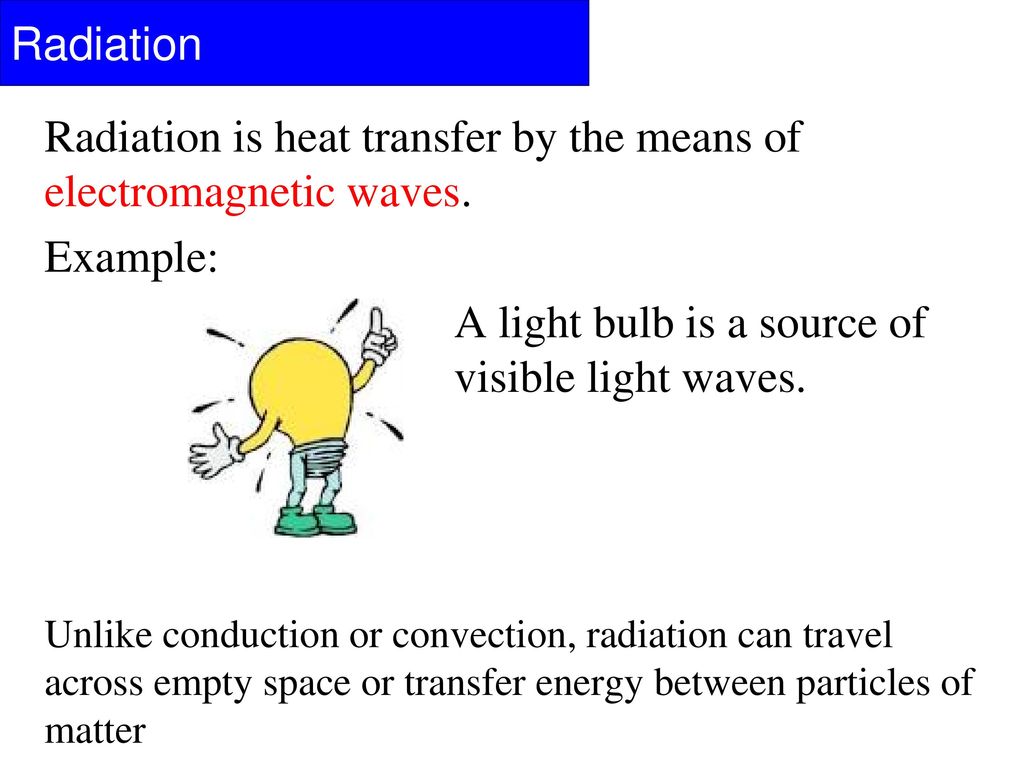 Radiation is heat transfer by the means of electromagnetic waves.