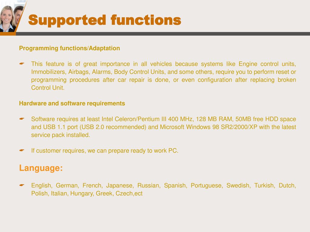 Supported functions Language: Programming functions/Adaptation