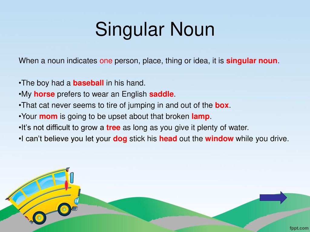 Singular Noun When a noun indicates one person, place, thing or idea, it is singular noun. The boy had a baseball in his hand.