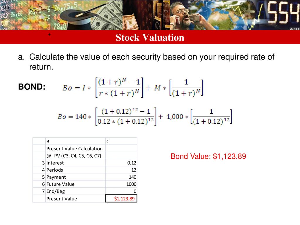 Vb = Stock Valuation. + Calculate the value of each security based on your required rate of return.
