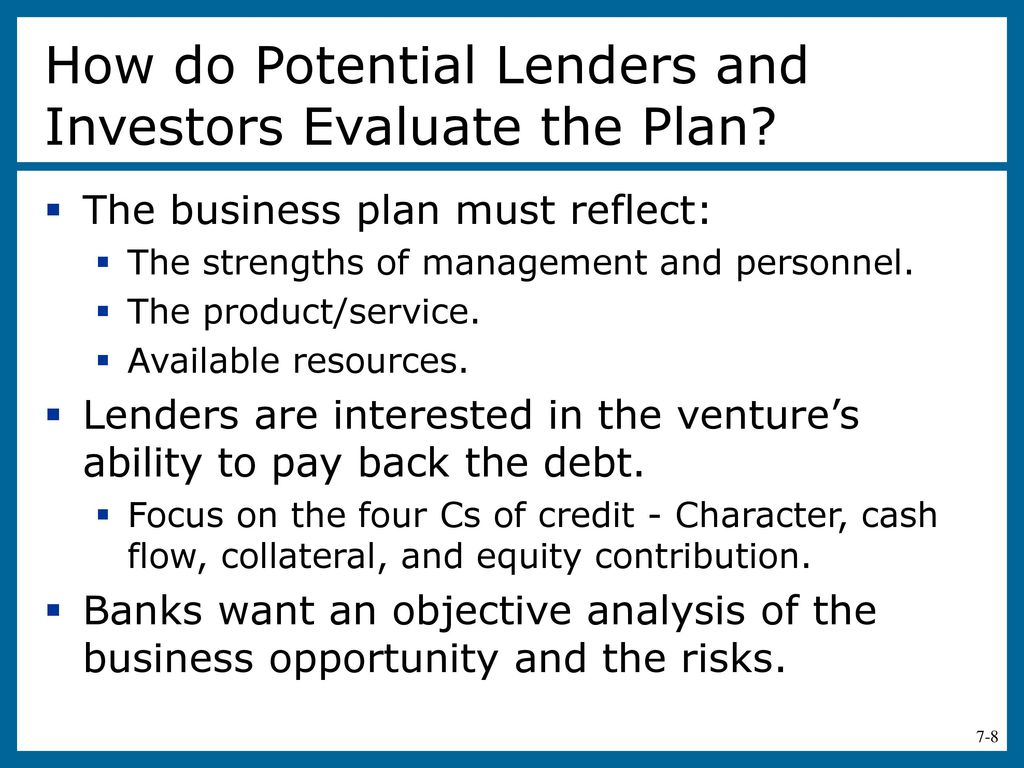 how do potential lenders and investors evaluate a business plan