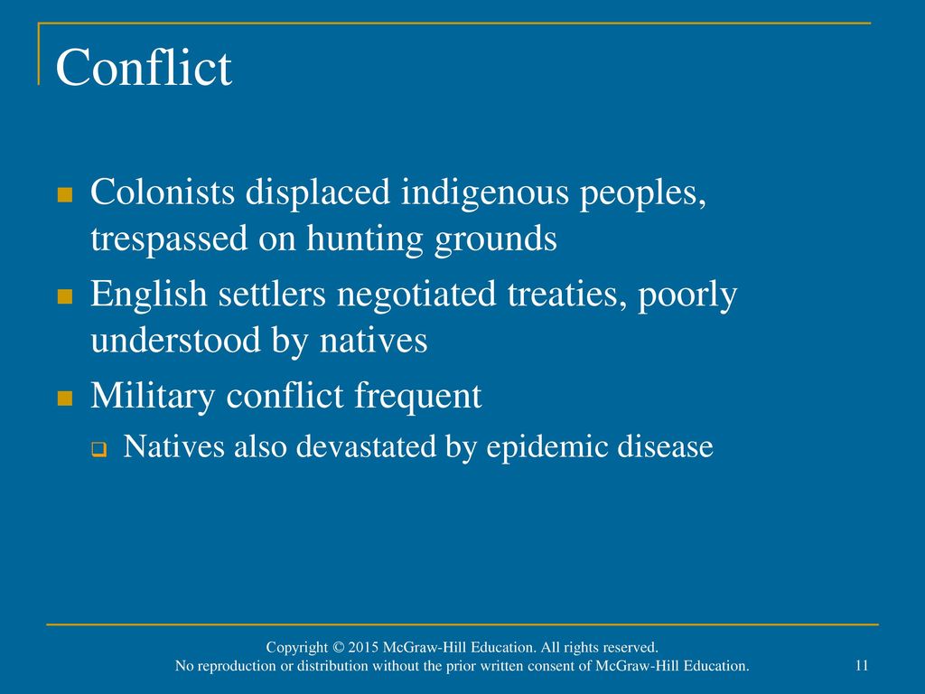 Conflict Colonists displaced indigenous peoples, trespassed on hunting grounds. English settlers negotiated treaties, poorly understood by natives.