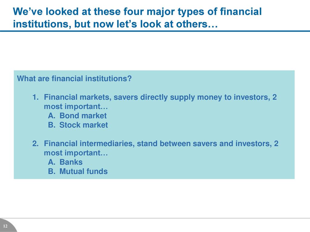 We’ve looked at these four major types of financial institutions, but now let’s look at others…