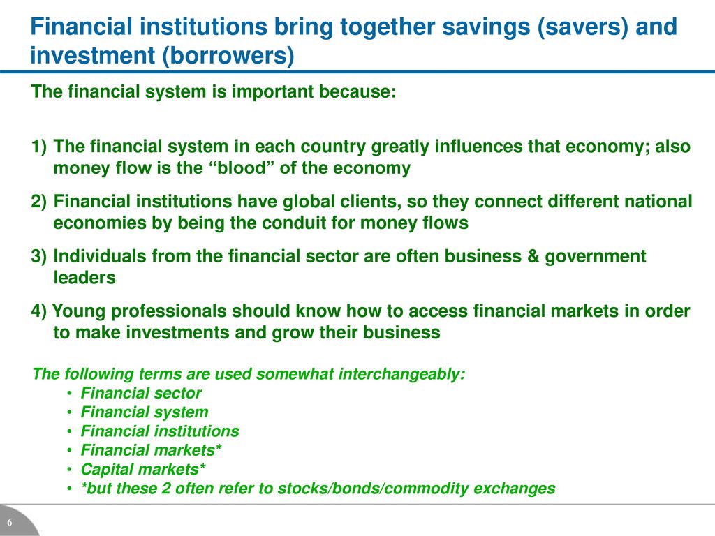 Financial institutions bring together savings (savers) and investment (borrowers)