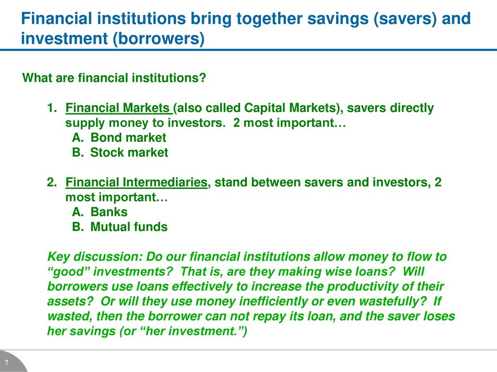 Financial institutions bring together savings (savers) and investment (borrowers)
