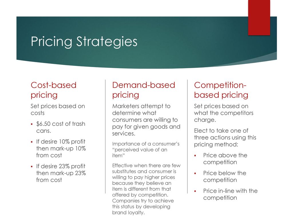 Pricing Strategies Cost-based pricing Demand-based pricing.
