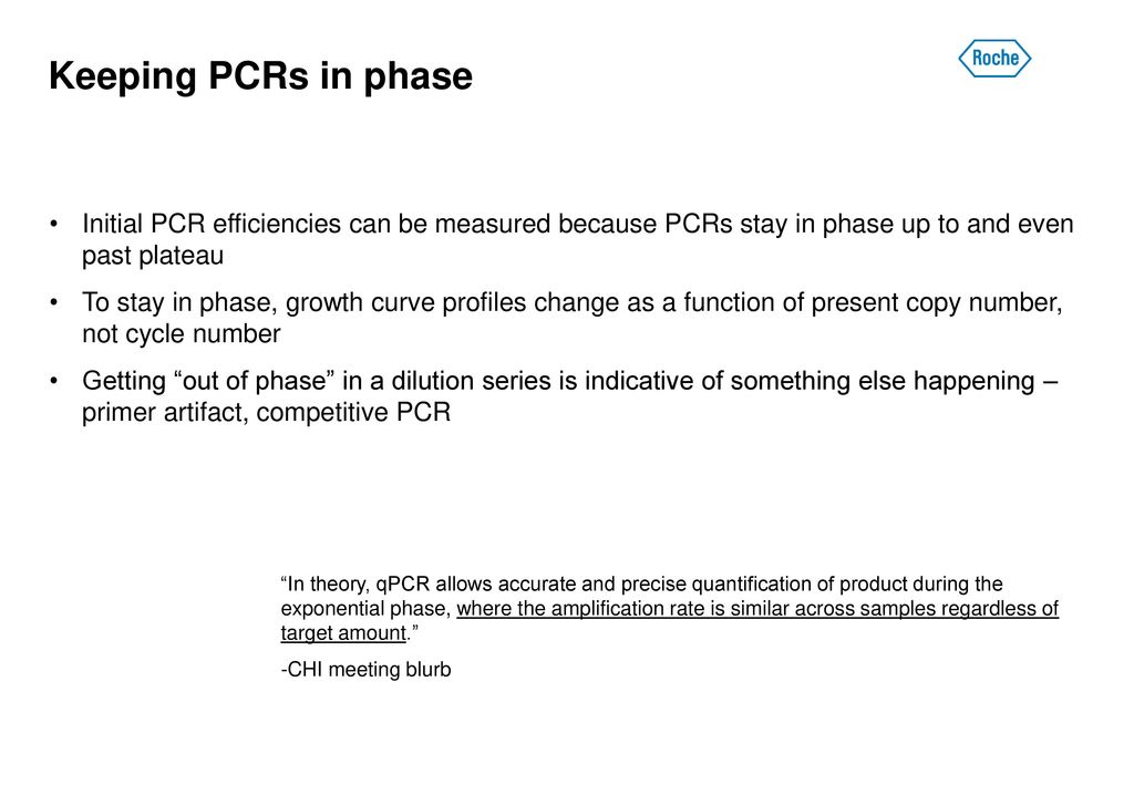 Keeping PCRs in phase Initial PCR efficiencies can be measured because PCRs stay in phase up to and even past plateau.