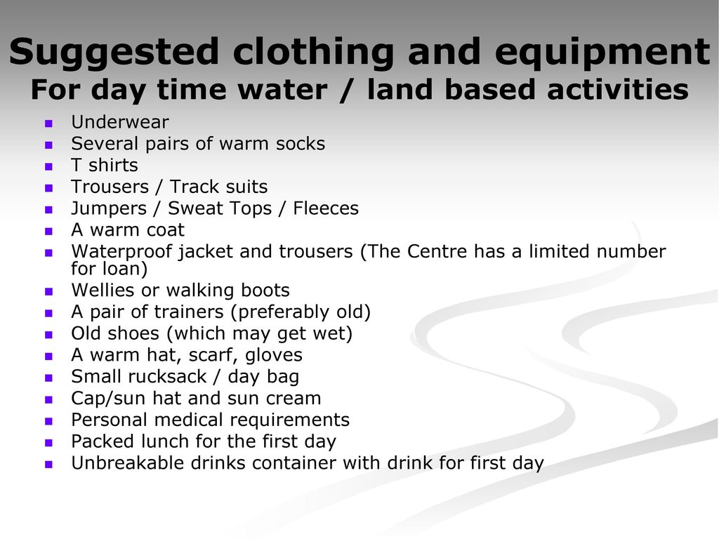 Suggested clothing and equipment For day time water / land based activities