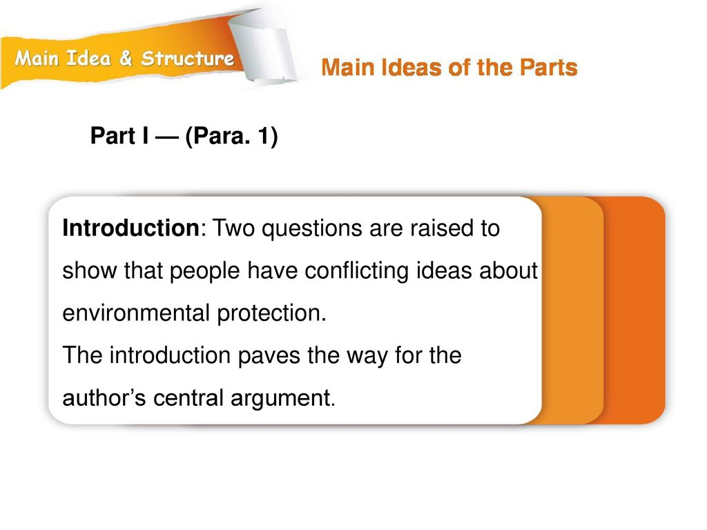 Part I — (Para. 1) Introduction: Two questions are raised to show that people have conflicting ideas about environmental protection.
