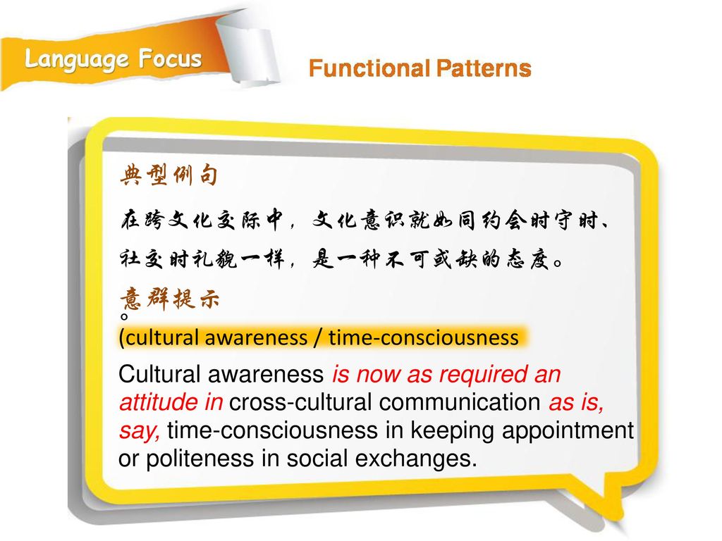 典型例句 意群提示 在跨文化交际中，文化意识就如同约会时守时、社交时礼貌一样，是一种不可或缺的态度。 。