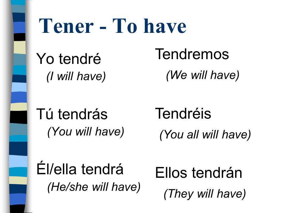 Tener - To have Tendremos Yo tendré (We will have) Tendréis Tú tendrás
