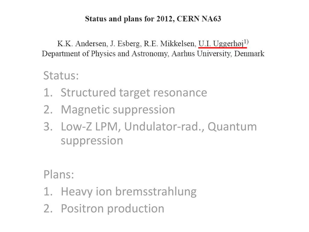 Status: Structured target resonance. Magnetic suppression. Low-Z LPM, Undulator-rad., Quantum suppression.
