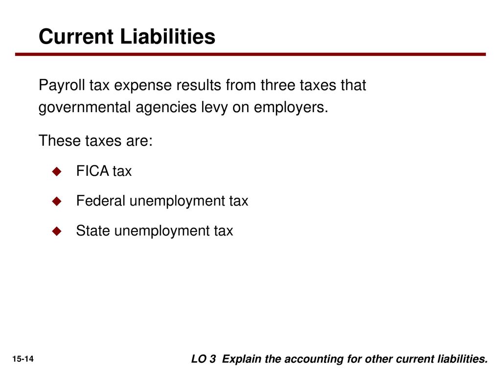 Current Liabilities Payroll tax expense results from three taxes that governmental agencies levy on employers.
