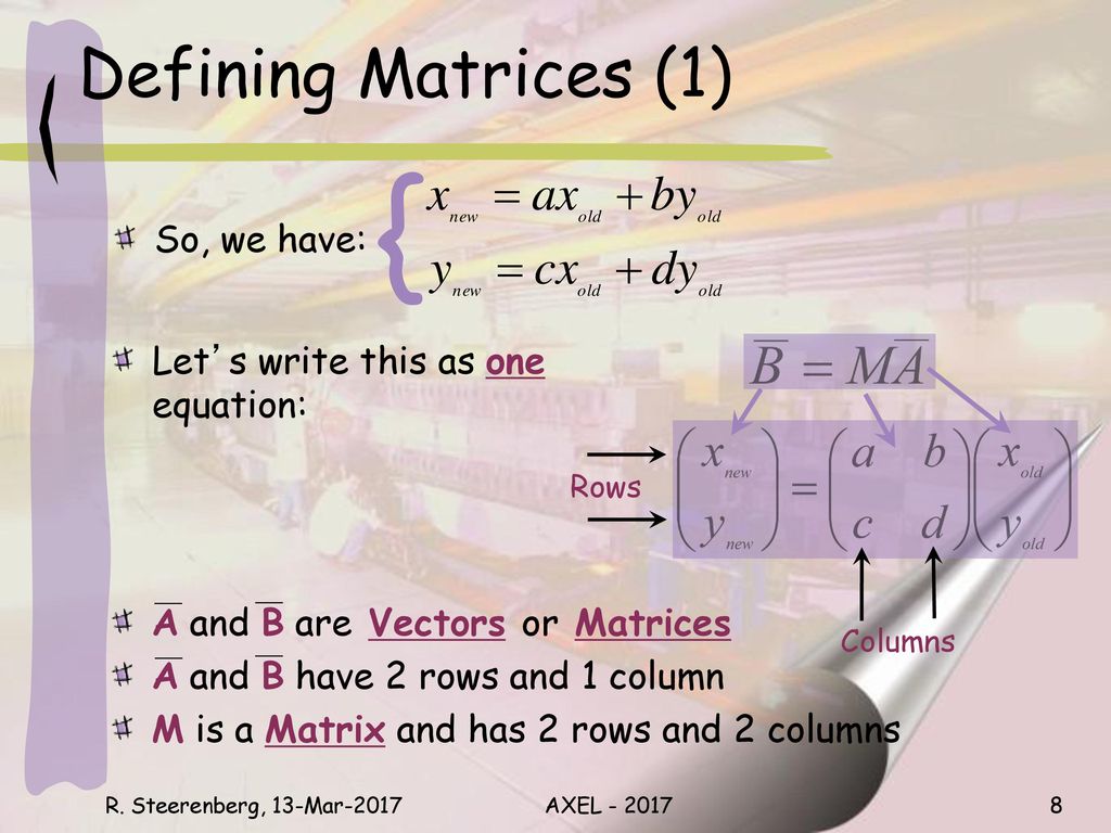 { Defining Matrices (1) So, we have: Let’s write this as one equation: