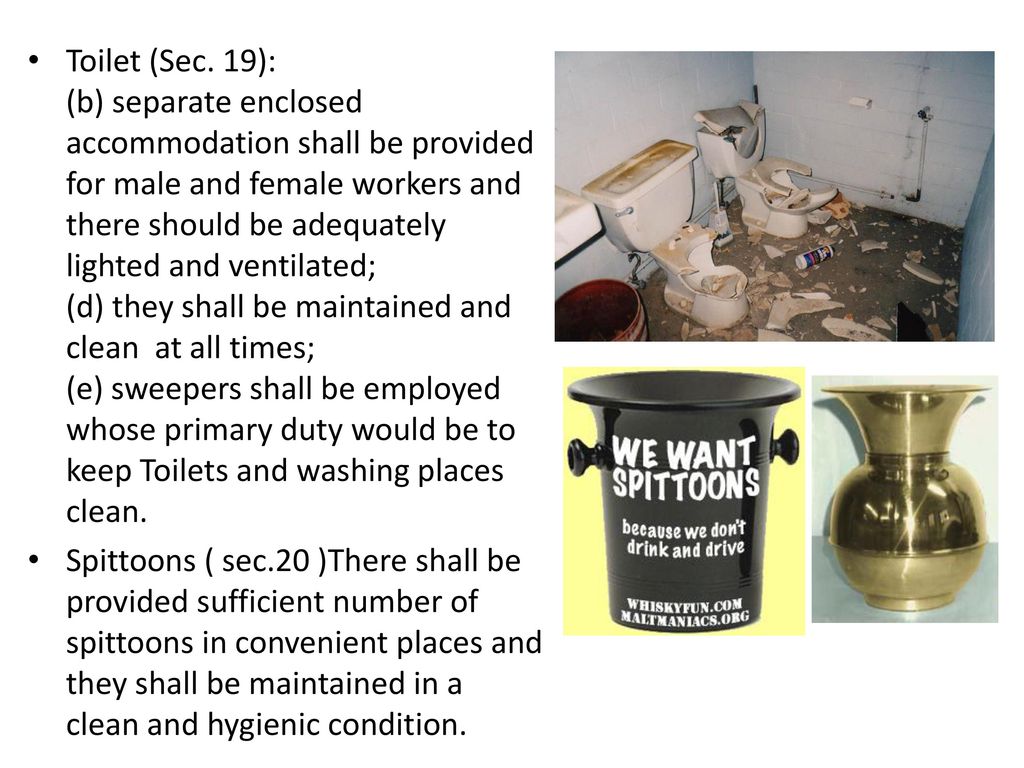 Toilet (Sec. 19): (b) separate enclosed accommodation shall be provided for male and female workers and there should be adequately lighted and ventilated; (d) they shall be maintained and clean at all times; (e) sweepers shall be employed whose primary duty would be to keep Toilets and washing places clean.