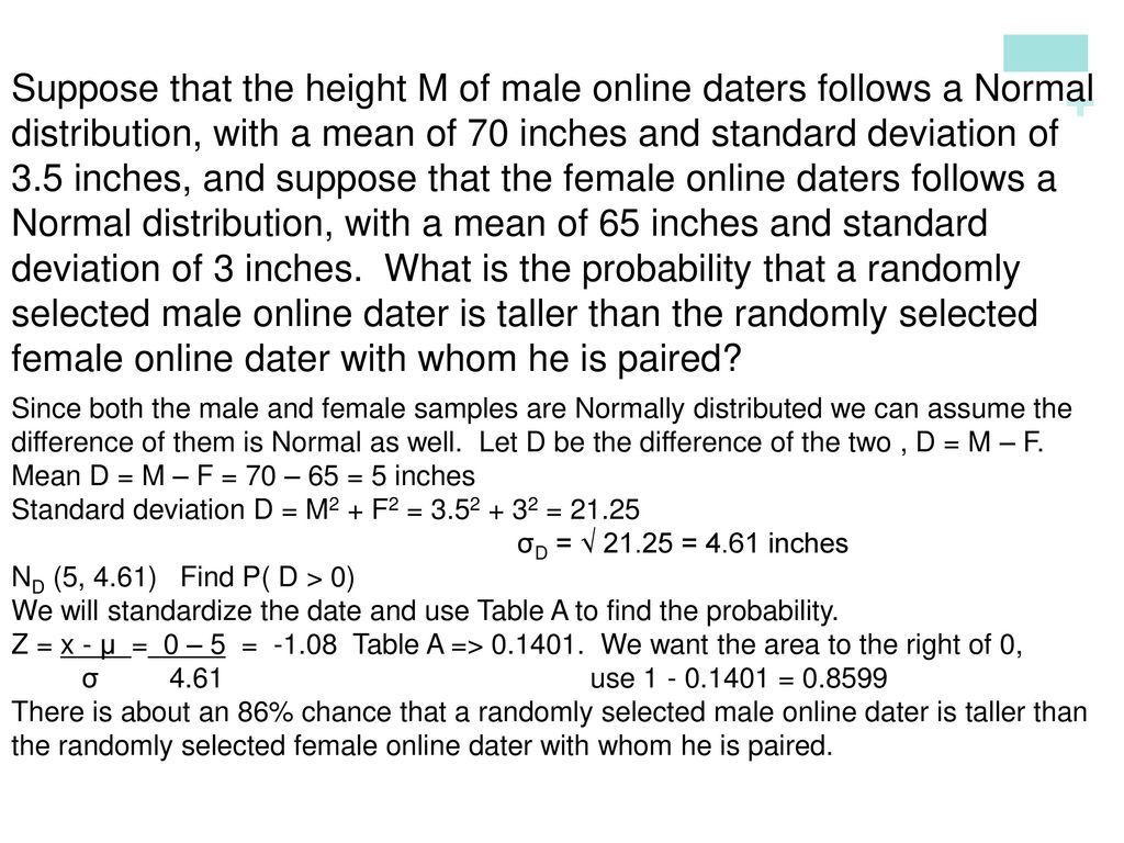 Suppose that the height M of male online daters follows a Normal distribution, with a mean of 70 inches and standard deviation of 3.5 inches, and suppose that the female online daters follows a Normal distribution, with a mean of 65 inches and standard deviation of 3 inches. What is the probability that a randomly selected male online dater is taller than the randomly selected female online dater with whom he is paired