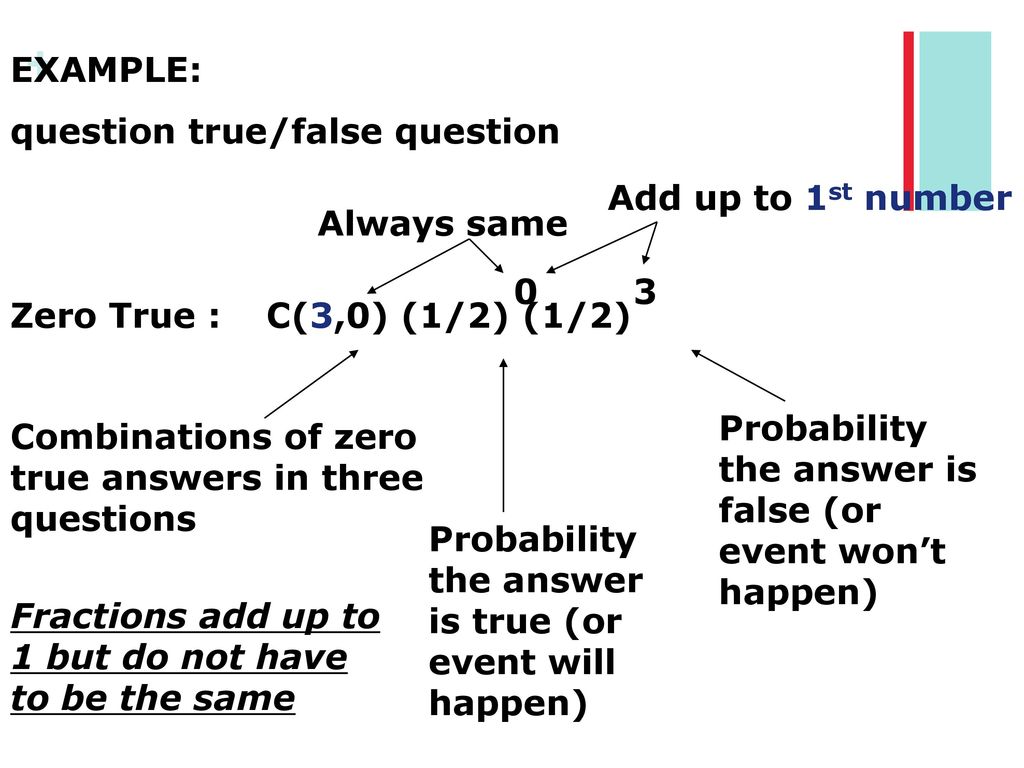 EXAMPLE: question true/false question. Zero True : C(3,0) (1/2) (1/2) Add up to 1st number. Always same.