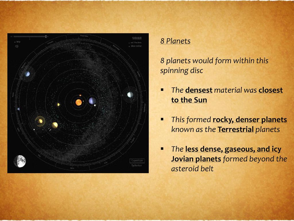 8 Planets 8 planets would form within this spinning disc. The densest material was closest to the Sun.