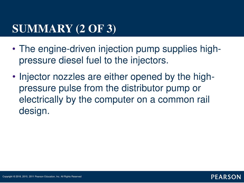 SUMMARY (2 OF 3) The engine-driven injection pump supplies high- pressure diesel fuel to the injectors.