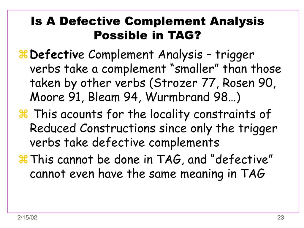 Is A Defective Complement Analysis Possible in TAG
