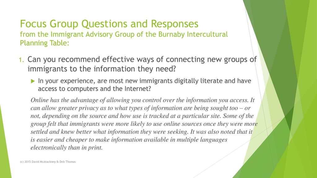 Focus Group Questions and Responses from the Immigrant Advisory Group of the Burnaby Intercultural Planning Table: