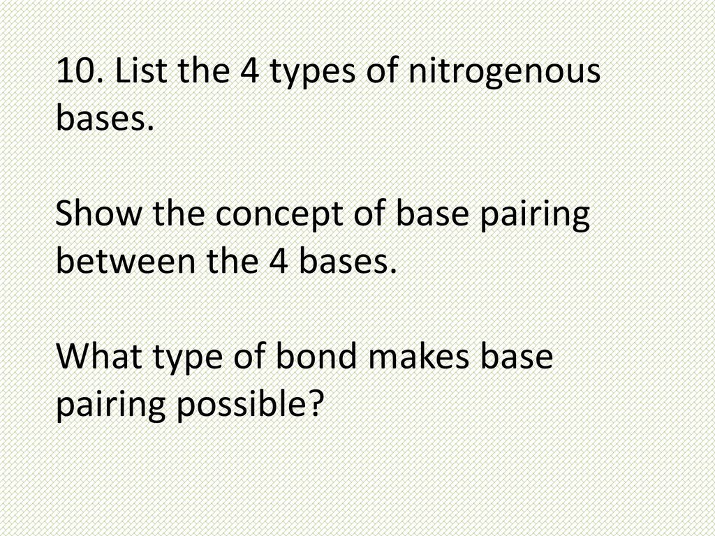 10. List the 4 types of nitrogenous bases.