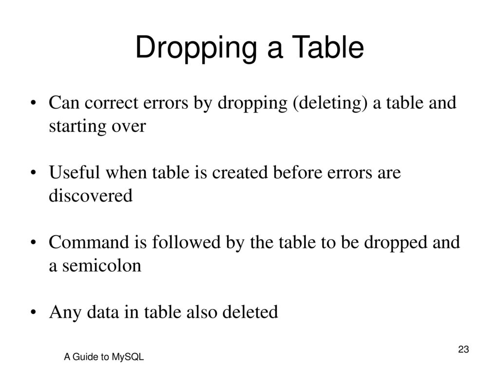 Dropping a Table Can correct errors by dropping (deleting) a table and starting over. Useful when table is created before errors are discovered.