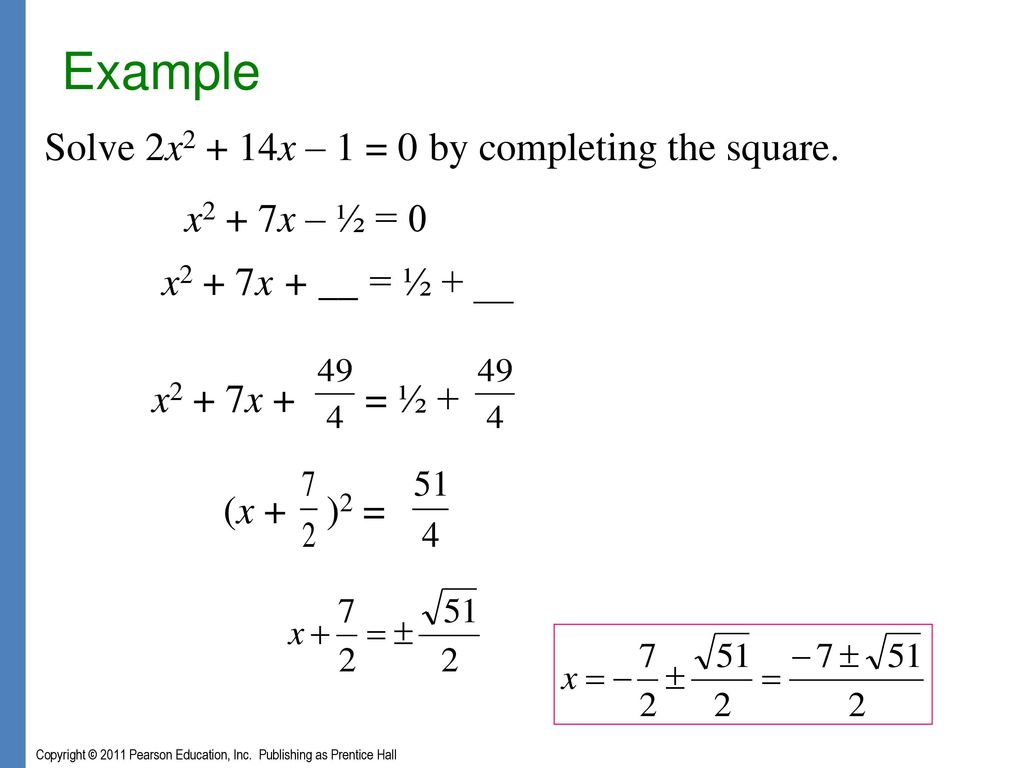 Example Solve 2x2 + 14x – 1 = 0 by completing the square.