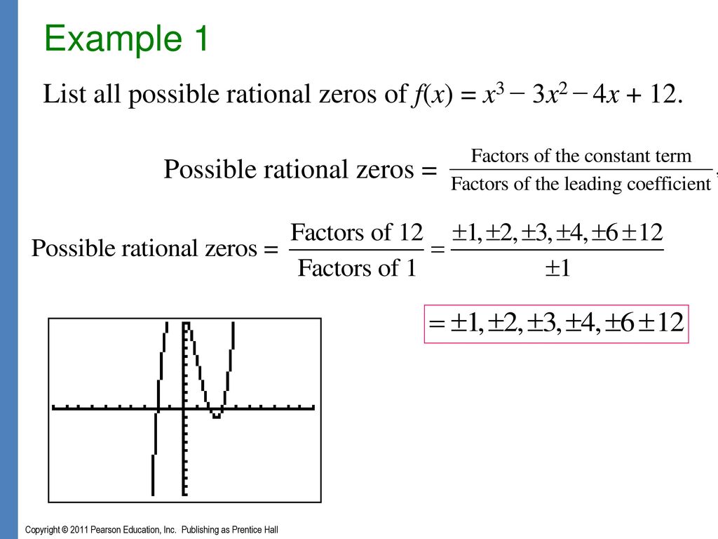Example 1 List all possible rational zeros of f(x) = x3 − 3x2 − 4x Possible rational zeros =